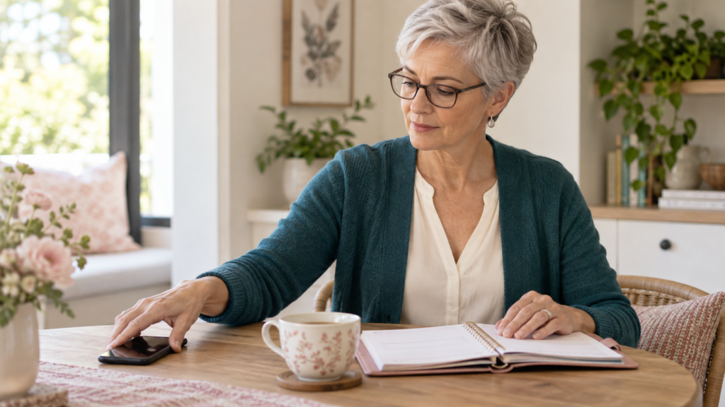 Woman with silver hair setting down her phone beside tea and an open planner