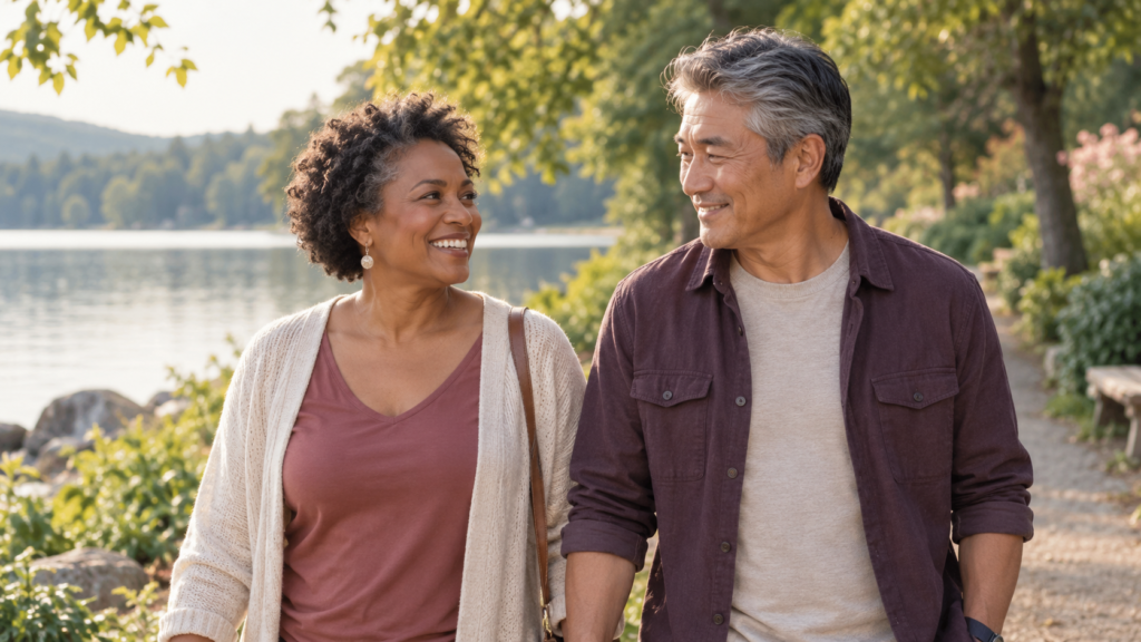 A woman and man walking together beside a lake