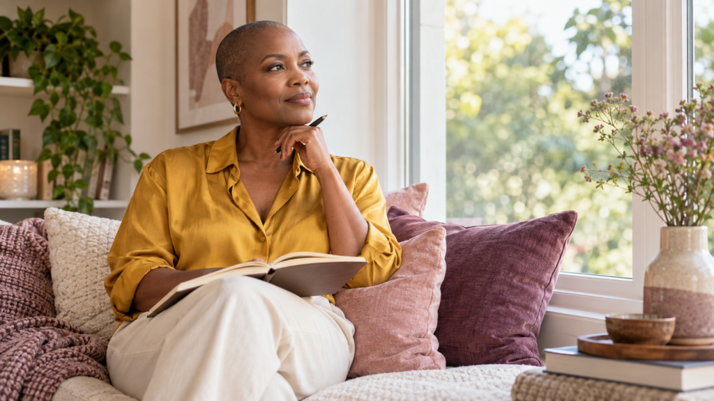 Woman writing in a notebook while reflecting on healthy relationship boundaries.