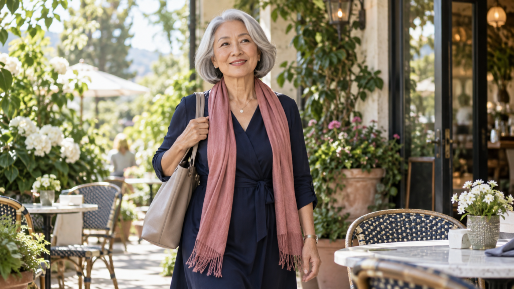 A mature woman arriving confidently at a botanical café