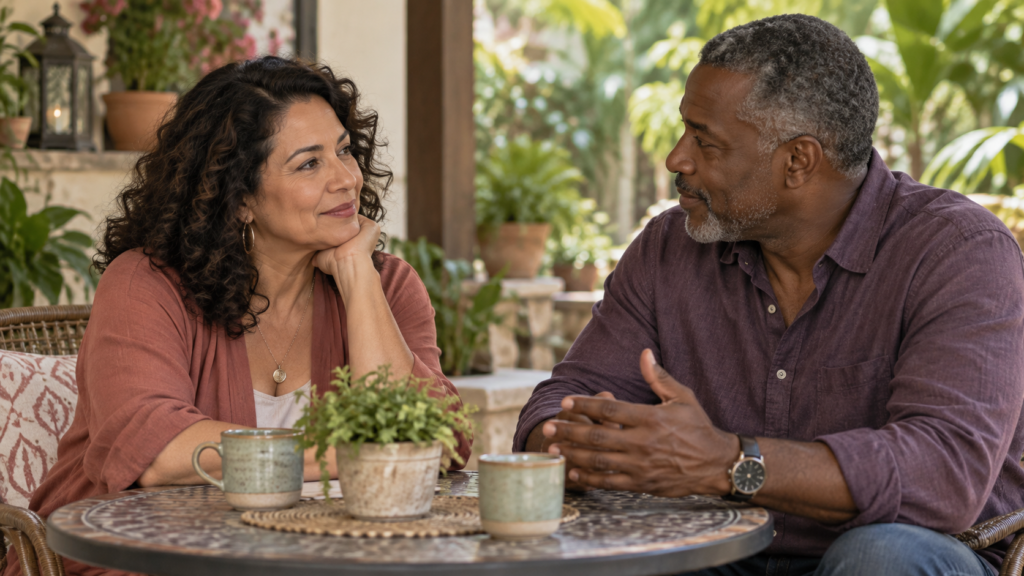 Mature couple building trust through a calm and attentive conversation