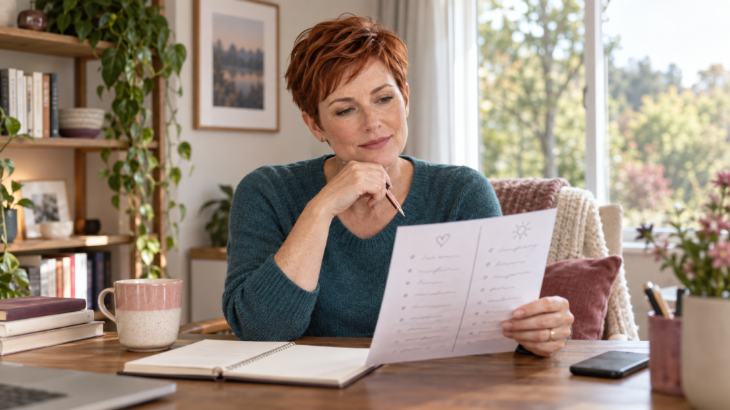 Woman calmly comparing words and actions while evaluating mixed signals
