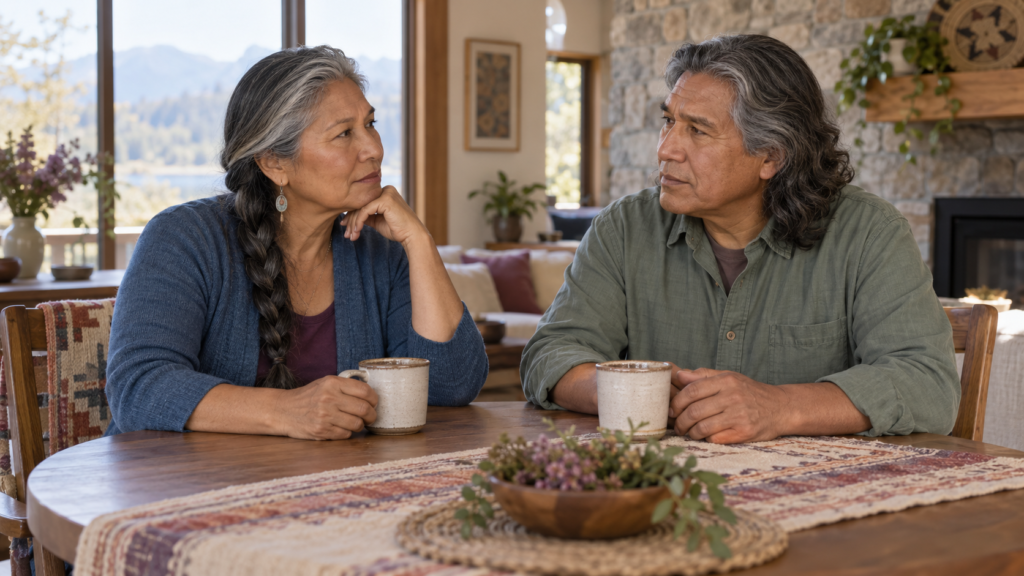 Married couple having a calm conversation about emotional distance.