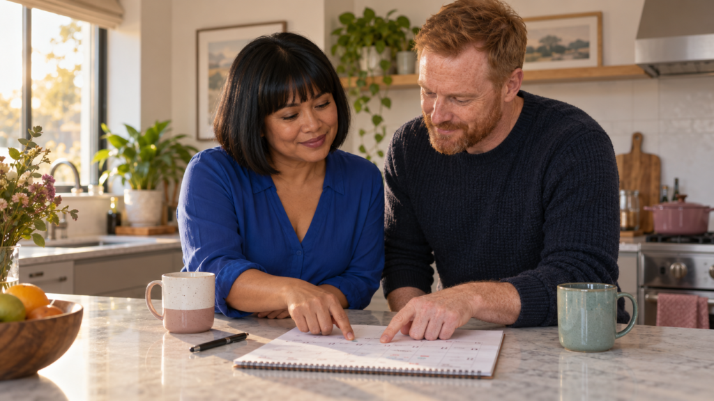 Couple making shared plans as a sign of serious relationship intention.