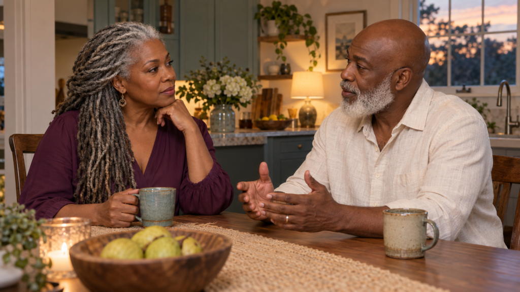 Married couple discussing persistent emotional distance and mutual participation.