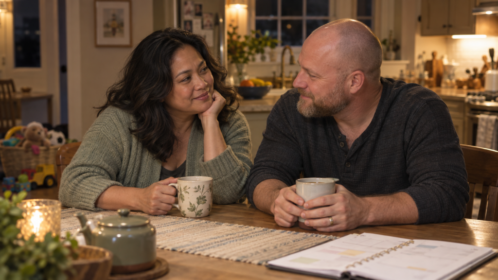 Married couple reconnecting after having children through conversation and shared responsibilities