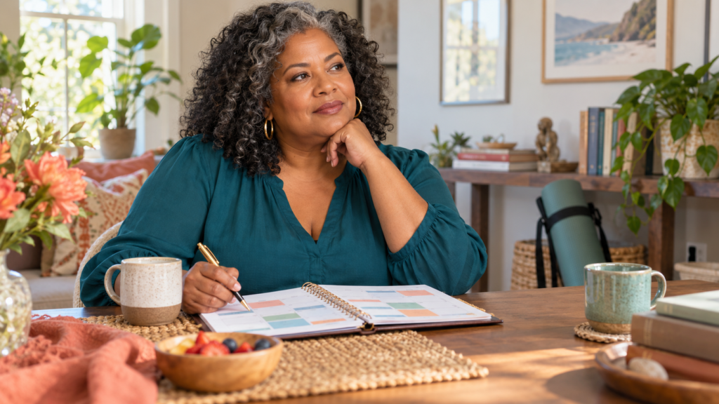 Woman assessing healthy relationship priorities on a balanced calendar
