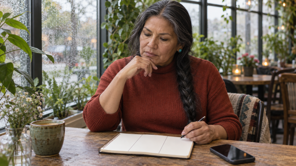 Woman assessing an inconsistent texting pattern using a written checklist