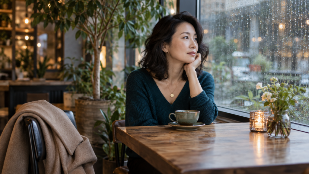 Reflective woman sitting alone beside a rain-covered café window while considering changes in her relationship.