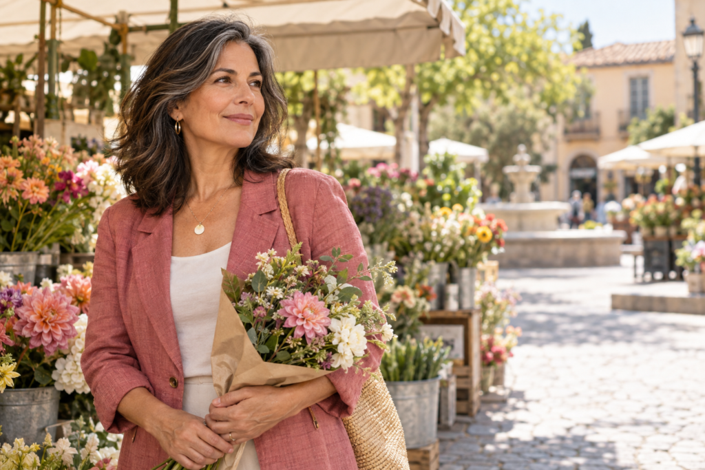 Woman holding flowers at an outdoor market and looking across the plaza