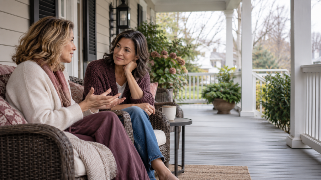Two women sitting on a porch, one speaking while the other listens.