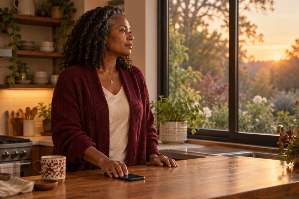 Woman looking out of a kitchen window with her hand resting on a face-down phone