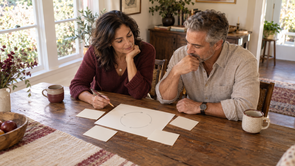 Mature couple reviewing a simple circular diagram together at a dining table.