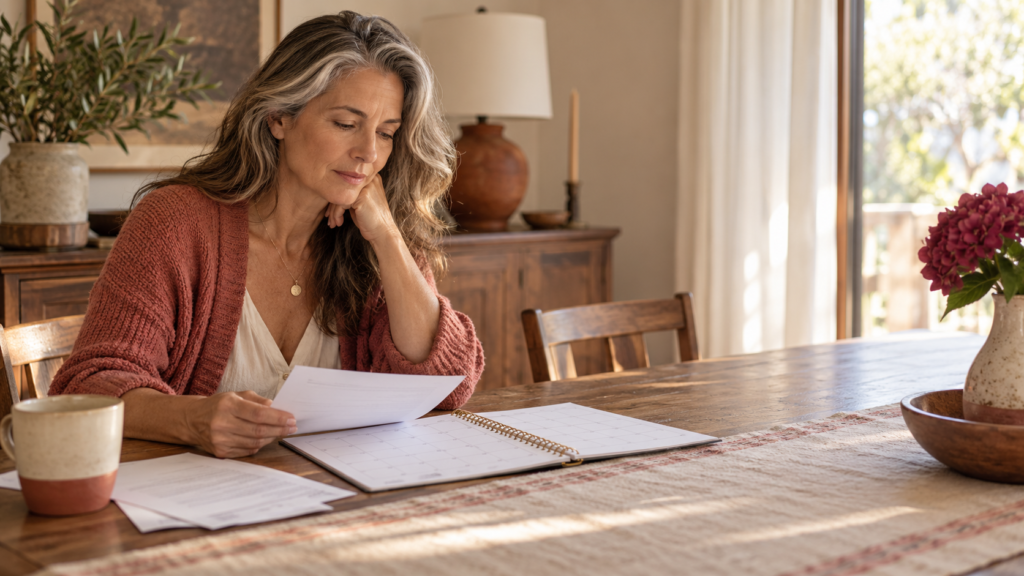 Mature woman reviewing a calendar and papers while reflecting on broken agreements in her marriage.