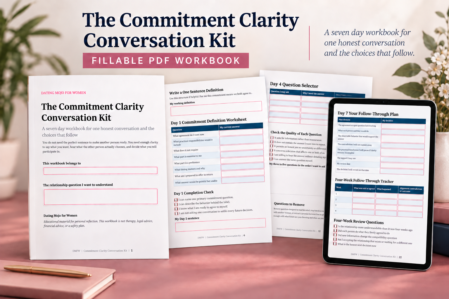 The Commitment Clarity Conversation Kit workbook and sample pages