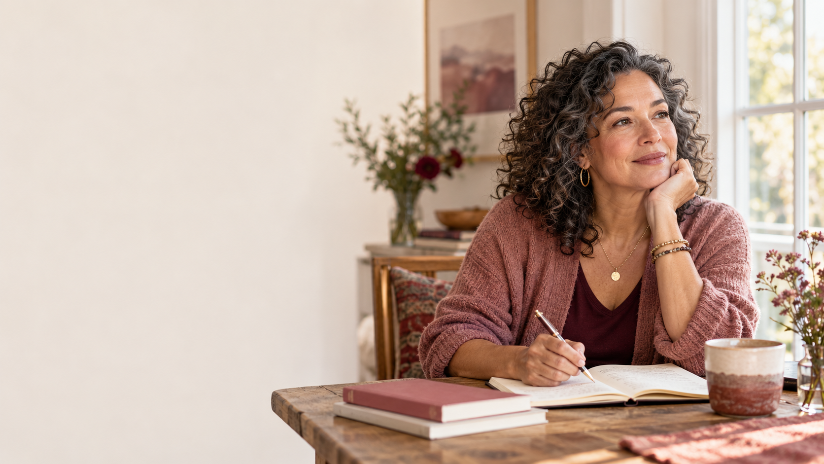 A woman pauses over a
notebook at a sunlit table